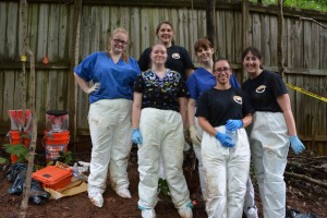 From left to right, Sydney Shaver, Jessica Newcomb, Victoria Bates, Christine Bailey (volunteer coordinator), Abigail Brennan and Tiffany Saul (grad student). Bonnie Simmons not pictured. We worked hard to get our placements done before severe thunderstorms swept back in.